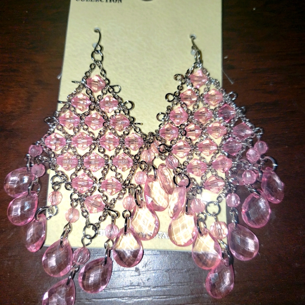 Silver-Tone French Hook Dangle Earrings With Pink Faceted Accents TME629